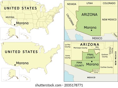 Marana town location on USA, Arizona state , Pima County and Pinal County map
