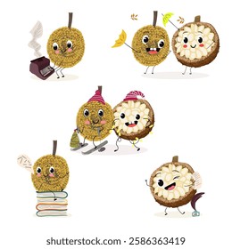  Marang fruit cute funny cheerful characters with different activities.Natural vitamin antioxidant detox food collection. Vector hand drawn illistration.