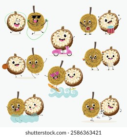  Marang fruit cute funny cheerful characters with different activities.Natural vitamin antioxidant detox food collection. Vector hand drawn illistration.