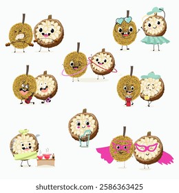  Marang fruit cute funny cheerful characters with different activities.Natural vitamin antioxidant detox food collection. Vector hand drawn illistration.