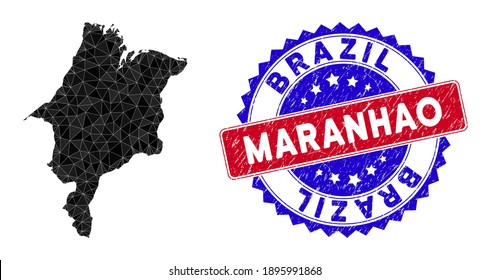 Maranhao State Karte polygonal Mesh mit gefüllten Dreiecken, und Gummi Bicolor Gummi Siegel. Dreieck-Mosaik-Maranhao-Zustandskarte mit Maschenvektormodell, Dreiecke haben unterschiedliche Größen und Positionen,