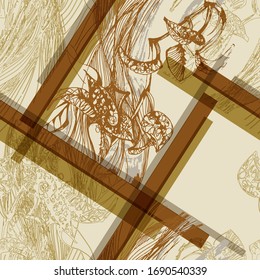 Maranta. Leaves. Vegetation. Seamless vector pattern with flowers, lines and geometry. Hand drawing. Sketch.