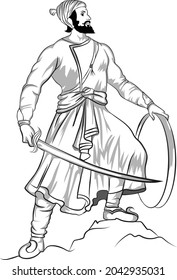 Maratha brave man holding sword coloured image, Indian warrior vector illustration, Line art of historical army person