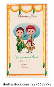 Marathi Maharashtrian peshwai wedding vector illustration digital drawing wedding standee editable    