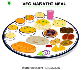 Marathi meal Traditional Veg food or Maharashtrian Thali Vector From Maharashtra India