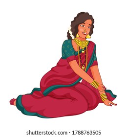 Marathi Woman Wearing Traditional Dress In Sitting Pose.