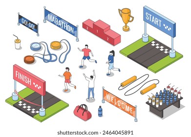 Marathon 3d isometric mega set. Collection flat isometry elements and people of run competition, start and finish banners, jogging athletes, trophy medals and places, water drink. Vector illustration.