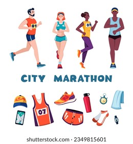 marathon accessories, characters. sport shoes, drink, t shirt, watches, people running, fitness men and runners. vector cartoon set on the topic of sport marathon.