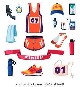 marathon accessories set. sport shoes, drink, t shirt, watches, cap, cartoon items for sport. vector cartoon set of isolated objects