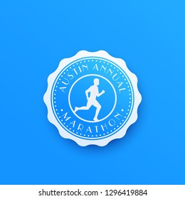 Marathon badge with running man, round vector logo