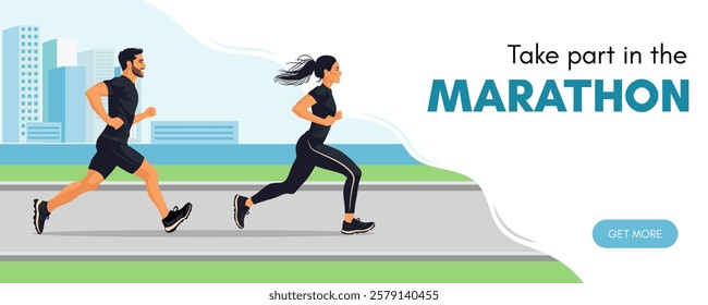 Marathon banner template. People are running against the background of the city. Vector illustration.