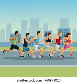 Marathon in the city cartoon