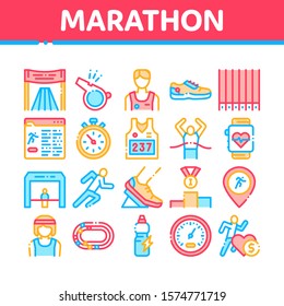 Marathon Collection Elements Icons Set Vector Thin Line. Human Athlete Silhouette Running And Uniform, Sport Stadium For Marathon And Shoe Concept Linear Pictograms. Color Contour Illustrations