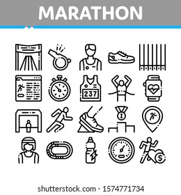 Marathon Collection Elements Icons Set Vector Thin Line. Human Athlete Silhouette Running And Uniform, Sport Stadium For Marathon And Shoe Concept Linear Pictograms. Monochrome Contour Illustrations
