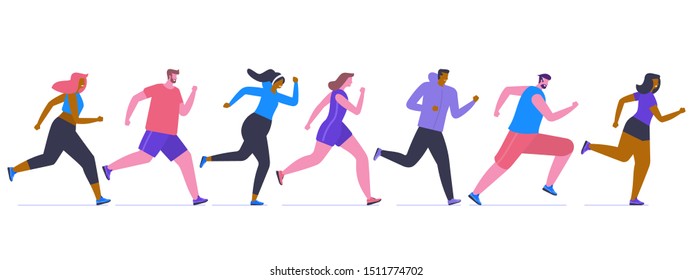 Marathon competition, outdoor workout or exercise, athletics. Men and women dressed in sportswear jogging or running through park. Healthy active lifestyle. Flat cartoon colorful vector illustration.