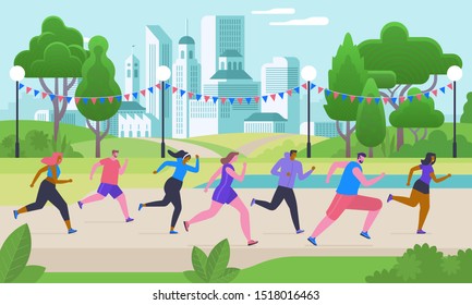 Marathon competition, outdoor workout or exercise, athletics. Men and women dressed in sportswear jogging or running through park. Healthy active lifestyle. Flat cartoon colorful vector illustration.