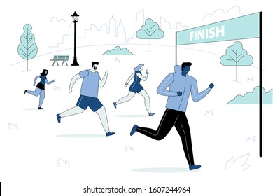 Marathon competition, outdoor workout or exercise, athletics. Men and women dressed in sportswear jogging or running through park. Healthy active lifestyle. Flat cartoon colorful vector illustration.