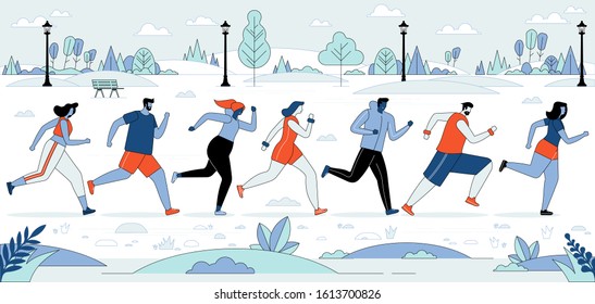 Marathon competition, outdoor workout or exercise, athletics. Men and women dressed in sportswear jogging or running through park. Healthy active lifestyle. Flat cartoon colorful vector illustration.