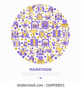 Marathon concept in circle with thin line icons: runner, start, finish, running shoes, bottle of water, route, award, changing room, memory photo, donation, fan zone. Vector illustration.