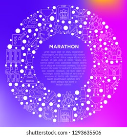 Marathon concept in circle with thin line icons: runner, start, finish, running shoes, bottle of water, route, award, changing room, memory photo, donation, fan zone. Vector illustration.