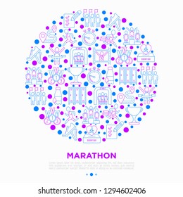Marathon concept in circle with thin line icons: runner, start, finish, running shoes, bottle of water, route, award, changing room, memory photo, donation, fan zone. Vector illustration.
