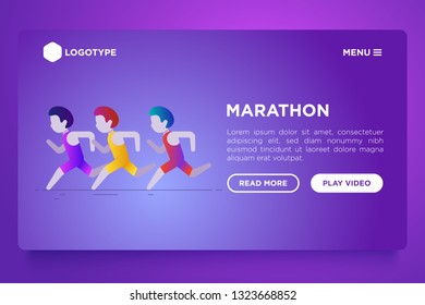 Marathon concept with gradient flat icons: runner are running. Vector illustration, web page template.