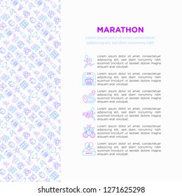 Marathon concept with thin line icons: runner, start, finish, running shoes, bottle of water, route, award, changing room, memory photo, donation, fan zone. Vector illustration, print media template.