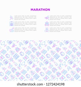 Marathon concept with thin line icons: runner, start, finish, running shoes, bottle of water, route, award, changing room, memory photo, donation, fan zone. Vector illustration, print media template.
