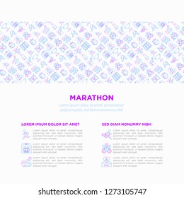 Marathon concept with thin line icons: runner, start, finish, running shoes, bottle of water, route, award, changing room, memory photo, donation, fan zone. Vector illustration, print media template.