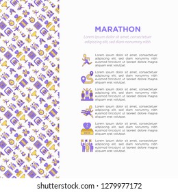 Marathon concept with thin line icons: runner, start, finish, running shoes, bottle of water, route, award, changing room, memory photo, donation, fan zone. Vector illustration, print media template.