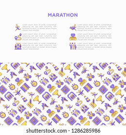 Marathon concept with thin line icons: runner, start, finish, running shoes, bottle of water, route, award, changing room, memory photo, donation, fan zone. Vector illustration, print media template.