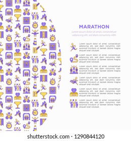 Marathon concept with thin line icons: runner, start, finish, running shoes, bottle of water, route, award, changing room, memory photo, donation, fan zone. Vector illustration, print media template.