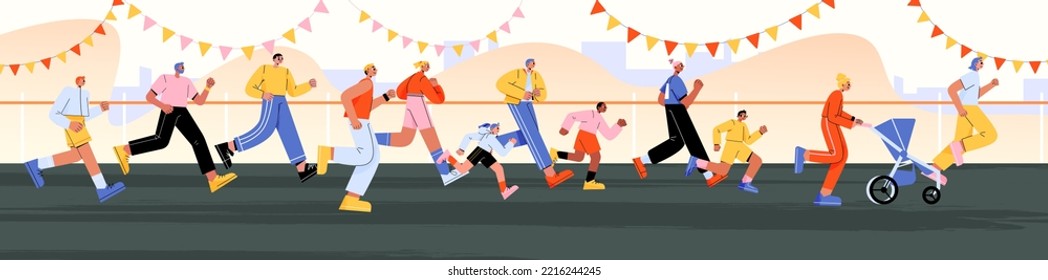 Marathon with diverse running people, families with kids. Adult persons, children and woman with baby carriage jogging on city street, vector flat illustration