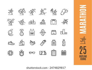 Marathon Element Black Thin Line Icon Set Incluye detalles de Pista, calzado y acabado. Ilustración vectorial de los iconos de los corredores de triatlón