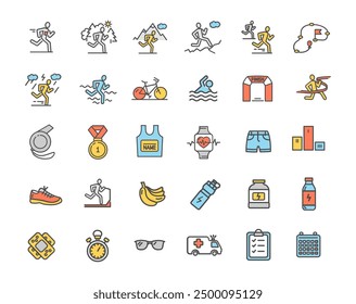 Marathon Element Color Thin Line Icon Set incluye de Pista, zapato y acabado. Ilustración vectorial de los iconos de los corredores de triatlón