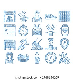 Marathon Elements sketch icon vector. Hand drawn blue doodle line art Human Athlete Silhouette Running And Uniform, Sport Stadium For Marathon And Shoe Illustrations