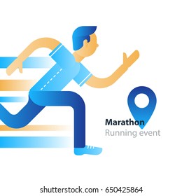 Marathon event, running sport race, person in motion, triathlon athlete man, abstract cartoon, vector flat design illustration