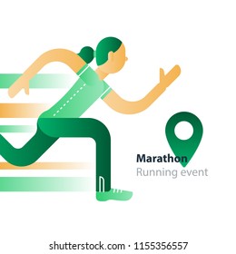 Marathon event, running woman, sport race in motion, triathlon athlete, abstract cartoon, vector flat design illustration