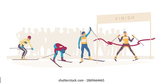 Marathon finish. Group sprinter sportsmen skiers on home stretch. Winner breaks finishing ribbon. Skier winner cross finish line. Winning champion, winter sports activity vector