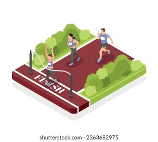 Marathon finish isometric design concept with female runner winning competition vector illustration