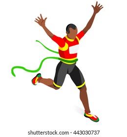 Marathon Finish Line African American Running Man Athletics Sportsman Games. Win Concept. 3D Isometric Marathon Athlete. Sport of Athletic Sporting Competition. Sport Infographic events vector Image