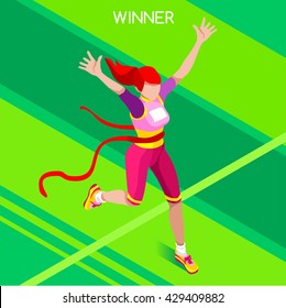 Marathon Finish Line Running Woman Athletics Sportswoman Games. Win Concept. 3D Isometric Winning Marathon Athlete. Sport of Athletic Sporting Competition. Sport Infographic events Vector People Set