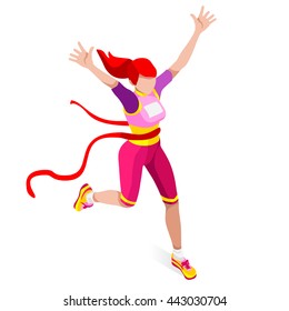 Marathon Finish Line Running Woman Athletics Sportswoman Games. Win Concept. 3D Isometric Winning Marathon Athlete. Sport Of Athletic Sporting Competition. Infographic Events Vector Illustration