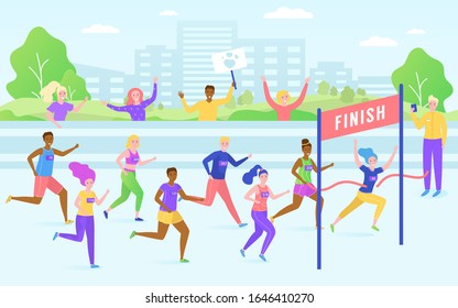 Marathon finish race, running competition, athlete sprinter sportsmen, healthy people run line vector illustration. Distance marathon or sport winner crossing finish line in park and sportsfans.