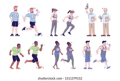 Marathon flat vector illustrations set. Start, finish of endurance contest. Sportswomen, sportsmen running. Сompetitors and judge isolated cartoon characters with outline elements on white background