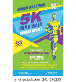 Marathon Flyer, Poster, Pamphlet Vector Design with Silhouette Marathon Running Man