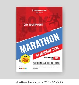 Marathon Flyer Template.  Running Flyer for Sports Event. Abstract Grunge Shapes suitable for Poster, Banner, Brochure, Social Media Posts, Book Cover, Pamphlet, Magazine, etc.