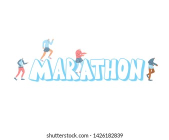 Marathon giant stylized  text with tiny runners. Vector illustration.