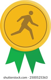 Medalla de oro de maratón con cinta verde sobre fondo transparente. Medalla ganadora con silueta de corredor. 