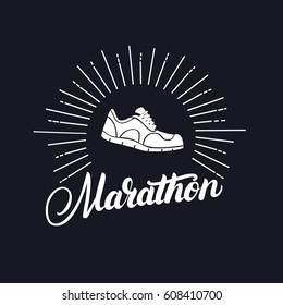 Marathon hand written lettering with running shoes. Logo, emblem or symbol of marathon. Isolated on background. Vector illustration.